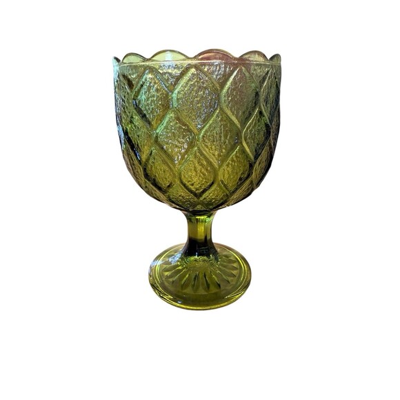 Indiana Glass Olive Green Diamond Pattern Pedestal Goblet Scalloped Edge Regent - Picture 4 of 9